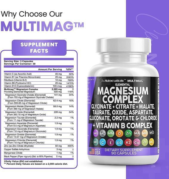 Премиальная добавка комплекс магния Clean Nutraceuticals Magnesium Complex 2285mg with Glycinate Citrate Malate Oxide Taurate Aspartate Gluconate Orotate & Mag Chloride, Zinc Copper Manganese Vitamin C B1 B2 B6 B12 60 капсул 4384305934 фото