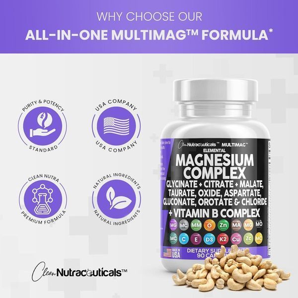 Премиальная добавка комплекс магния Clean Nutraceuticals Magnesium Complex 2285mg with Glycinate Citrate Malate Oxide Taurate Aspartate Gluconate Orotate & Mag Chloride, Zinc Copper Manganese Vitamin C B1 B2 B6 B12 60 капсул 4384305934 фото