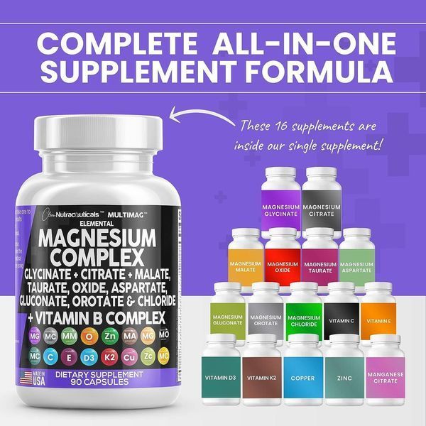 Премиальная добавка комплекс магния Clean Nutraceuticals Magnesium Complex 2285mg with Glycinate Citrate Malate Oxide Taurate Aspartate Gluconate Orotate & Mag Chloride, Zinc Copper Manganese Vitamin C B1 B2 B6 B12 60 капсул 4384305934 фото