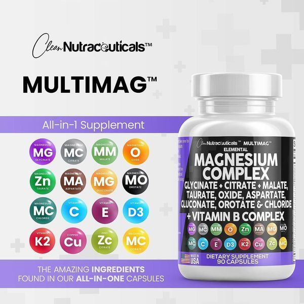 Премиальная добавка комплекс магния Clean Nutraceuticals Magnesium Complex 2285mg with Glycinate Citrate Malate Oxide Taurate Aspartate Gluconate Orotate & Mag Chloride, Zinc Copper Manganese Vitamin C B1 B2 B6 B12 60 капсул 4384305934 фото