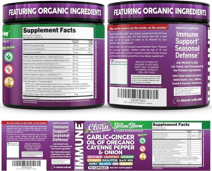 Добавка премиум-класса для иммунитета и жизненной энергии Clean Nutraceuticals Garlic Ginger Oil of Oregano 90 капсул 4382347078 фото