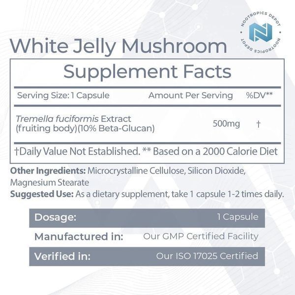 Добавка премиум-класса для глубокого омоложения увлажнения кожи Nootropics Depot White Jelly Mushroom Capsules 60 капсул 43819538807 фото