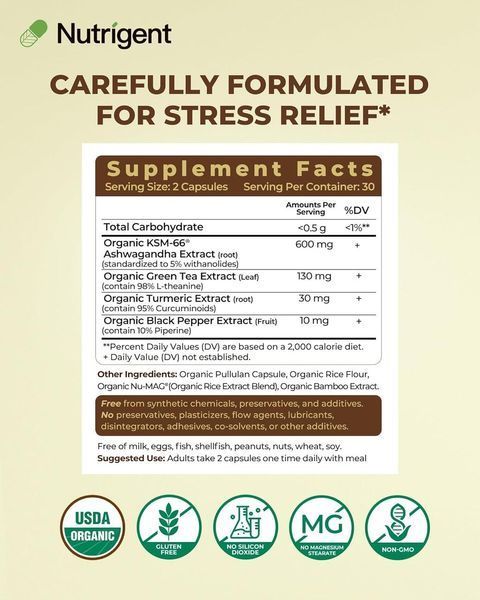 Добавка премиум-класса органическая ашваганда Nutrigent Organic KSM-66 Ashwagandha 600mg 60 капсул 43819538209 фото