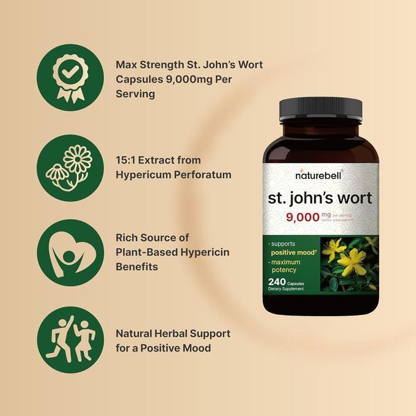 Добавка премиум-класса зверобой для поддержки позитивного настроения NatureBell St Johns Wort 9,000mg 240 капсул 4384307292 фото