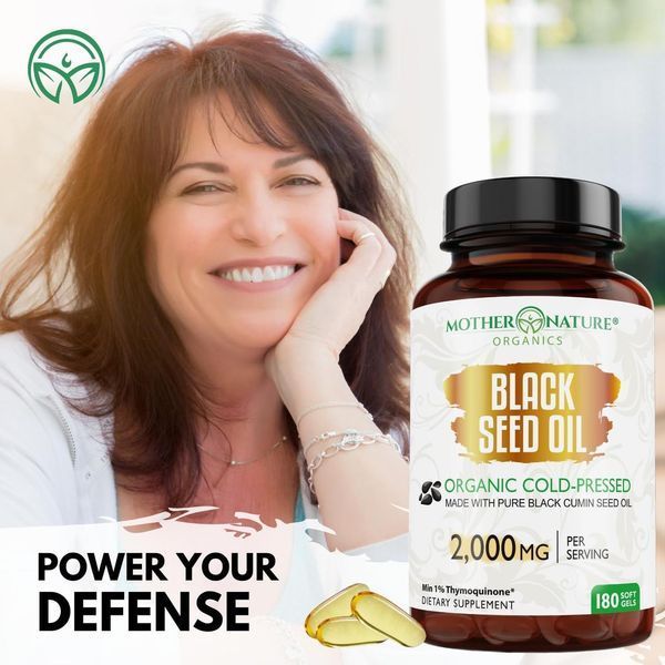 Домішка преміумкласу олія чорного кмину холодного преса Mother Nature Organics Black Seed Oil 2000mg 180 капсул 43819538707 фото