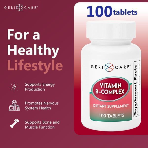Добавка премиум-класса поддерживает производство клеточной энергии GeriCare Vitamin B-Complex 100 таблеток 4384308703 фото