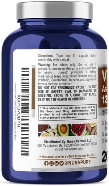 Витамин K2 MK7 премиум-класса NusaPure Vitamin K2 MK7 200 капсул 4384306735 фото