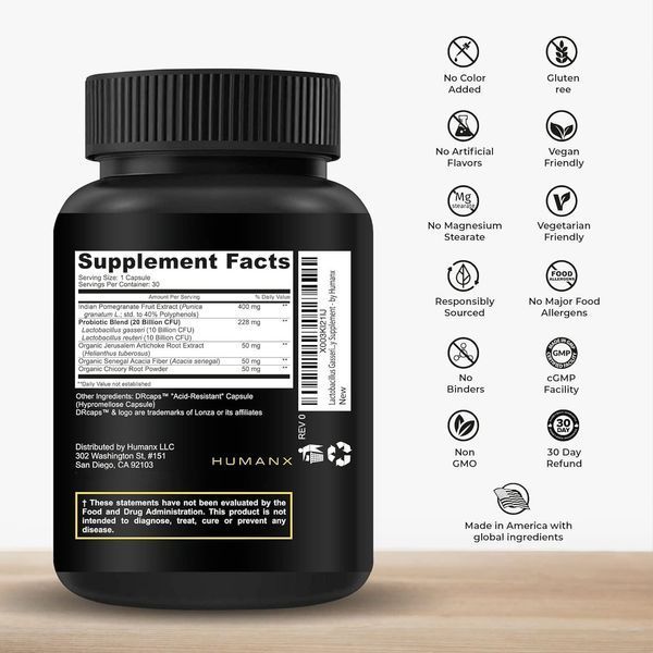 Премиум добавка органические пребиотики и пуникалиганы HUMANX Lactobacillus Gasseri & Reuteri+ 30 капсул 4384306229 фото