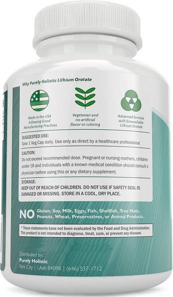 Добавка премиум-класса хелатная форма лития Purely Holistic Lithium Orotate 5mg 180 капсул 4384308211 фото