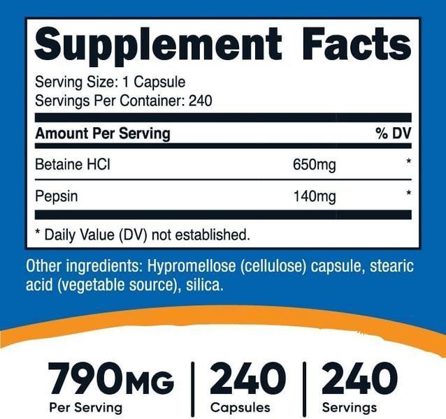Бетаин HCl + пепсин Nutricost Betaine HCl + Pepsin 240 капсул 4384305911 фото