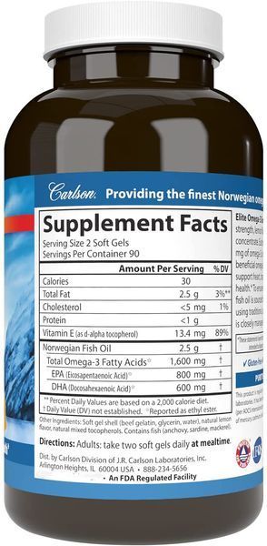 Carlson Labs Wild Caught Elite Omega-3 Gems Natural Lemon Flavor 1600 mg 180 капсул (4384304189) 4384304189 фото
