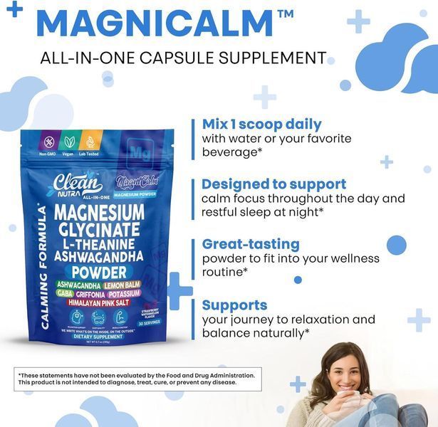 Домішка преміумкласу заспокоєння та зняття стресу Clean Nutraceuticals Magnesium Glycinate Theanine Ashwagandha 190 г 4382299891 фото