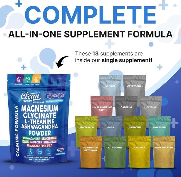 Домішка преміумкласу заспокоєння та зняття стресу Clean Nutraceuticals Magnesium Glycinate Theanine Ashwagandha 190 г 4382299891 фото