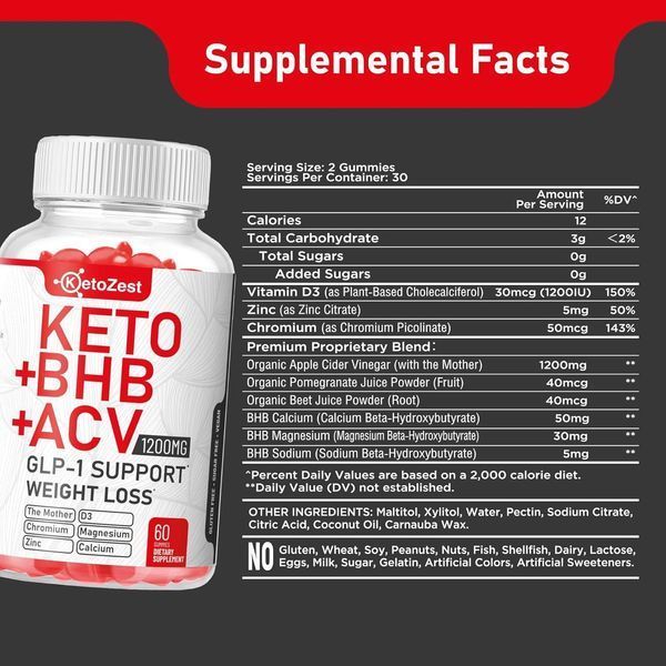 Добавка премиум-класса ускорения метаболических процессов KetoZest Keto ACV BHB GLP-1 Gummies 60 таблеток 4384307969 фото