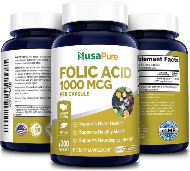 Фолиевая кислота премиум-класса NusaPure Folic Acid 1000mcg 200 капсул 4384306802 фото
