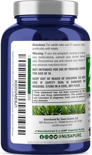 Алое вера преміумкласу NusaPure Aloe Vera 40,000mg 150 капсул 2266420286 фото