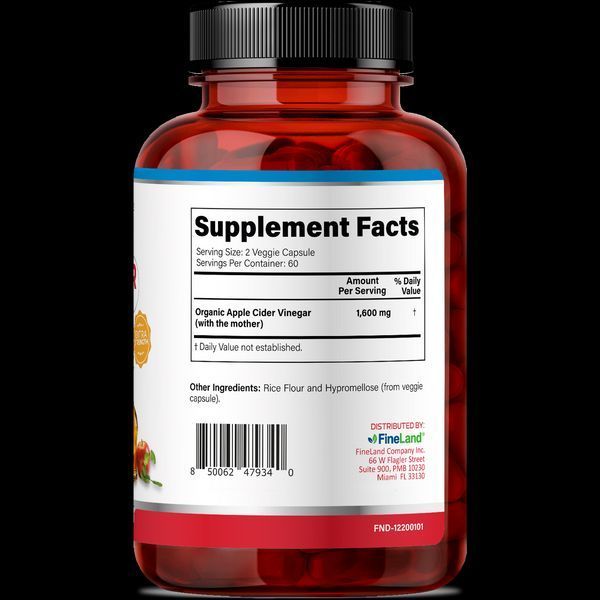 Домішка преміумкласу нефільтрований яблучний оцет FineLand Apple Cider Vinegar 120 капсул 2841763667 фото