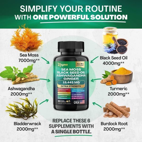 Мощная комплексная добавка Zoyava Sea Moss 7000mg Black Seed Oil 4000mg Ashwagandha 2000mg Turmeric 2000mg Bladderwrack 2000mg Burdock 2000mg & Ginger Vitamin C Vitamin D3 with Elderberry Manuka Dandelion Yellow Dock Chlorophyll ACV 60 капсул 4384305978 фото