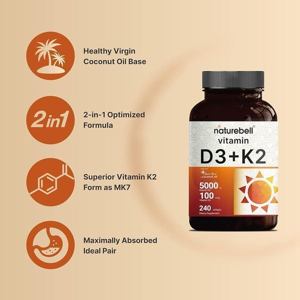 Витамин D3 5000 K2 (MK7) премиум-класса с кокосовым маслом первого отжима NatureBell Vitamin D3 5000 K2 (MK7) with Virgin Coconut Oil 240 капсул 4384307263 фото