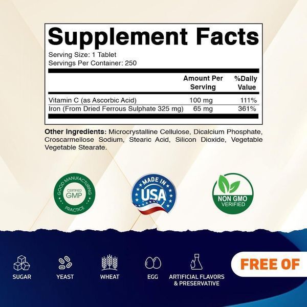 Добавка премиум-класса железо поддержка красных кровяных клеток Vitamatic Ferrous Sulfate 325 mg with Vitamin C 100 mg 250 таблеток 4384308324 фото