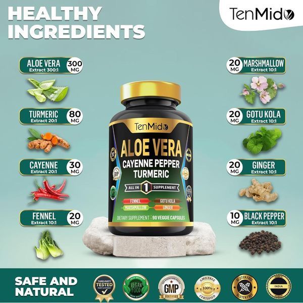 Добавка премиум-класса комплексное укрепление общего здоровья Tenmido Aloe Vera Turmeric Cayenne Pepper 90 капсул 4384307483 фото