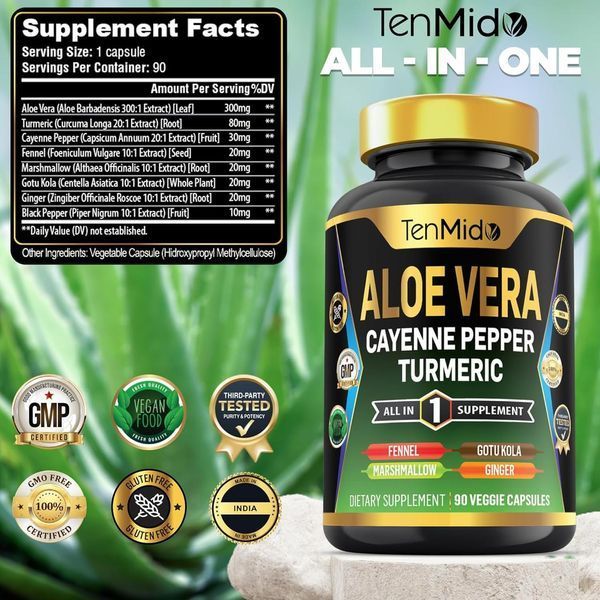 Добавка премиум-класса комплексное укрепление общего здоровья Tenmido Aloe Vera Turmeric Cayenne Pepper 90 капсул 4384307483 фото