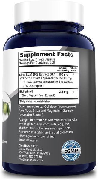 Екстракт оливкового листя преміумкласу NusaPure Olive Leaf Extract 200 капсул 2268031455 фото