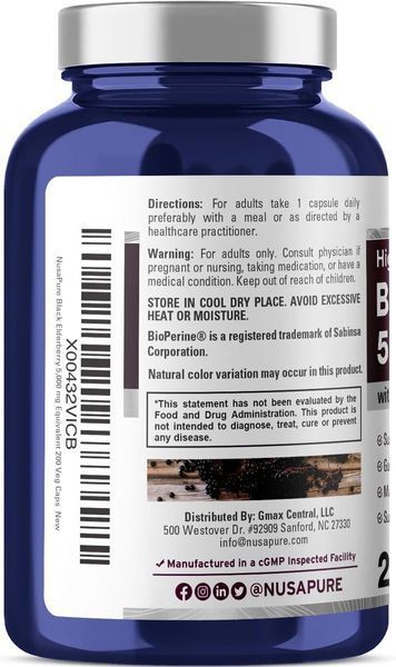 Черная бузина премиум-класса NusaPure Black Elderberry 200 капсул 2295155676 фото