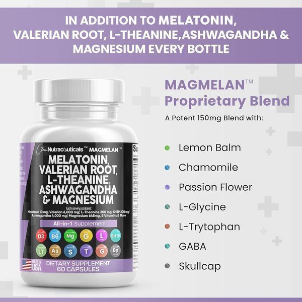 Премиальная добавка для сна Clean Nutraceuticals Melatonin 10mg Valerian Root 6000mg L Theanine 200mg Ashwagandha 4000mg 60 капсул 4384305926 фото