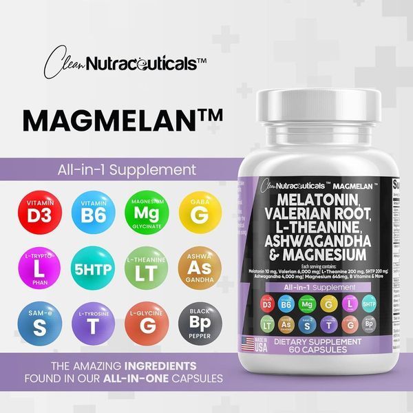 Премиальная добавка для сна Clean Nutraceuticals Melatonin 10mg Valerian Root 6000mg L Theanine 200mg Ashwagandha 4000mg 60 капсул 4384305926 фото