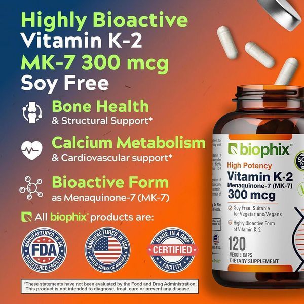 Добавка премиум-класса для укрепления костей и иммунитета Biophix Vitamin K2 MK-7 300mcg 120 капсул 4383794146 фото