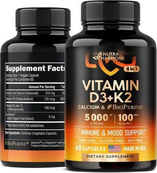 Вітамін D3, K2, з кальцієм і біоперином Nutra Harmony Vitamin D3 K2 5000 IU with Calcium & Bioperine 60 капсул 2058332002 фото