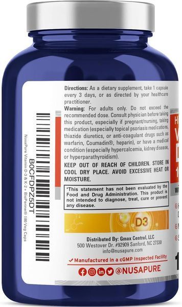 Витамин D3 и K2 премиум-класса NusaPure Vitamin K2 (MK7) (200mcg) Vitamin D3 (10000 IU) 180 капсул 4384306973 фото