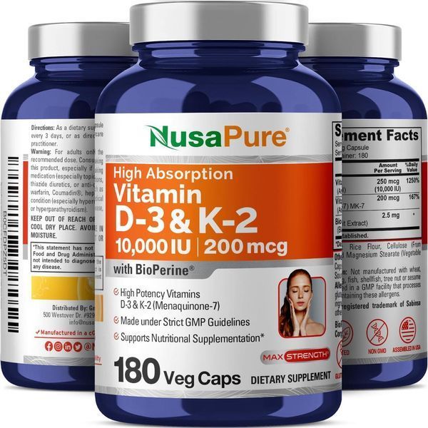 Витамин D3 и K2 премиум-класса NusaPure Vitamin K2 (MK7) (200mcg) Vitamin D3 (10000 IU) 180 капсул 4384306973 фото