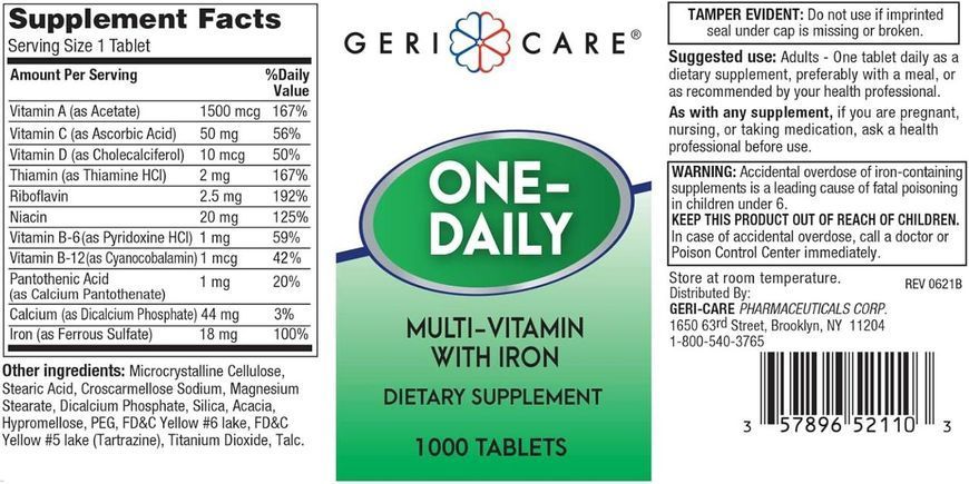 Добавка премиум-класса мультивитамины обогащены железом GeriCare One-Daily Multi-Vitamin with Iron 1000 таблеток 4384308694 фото