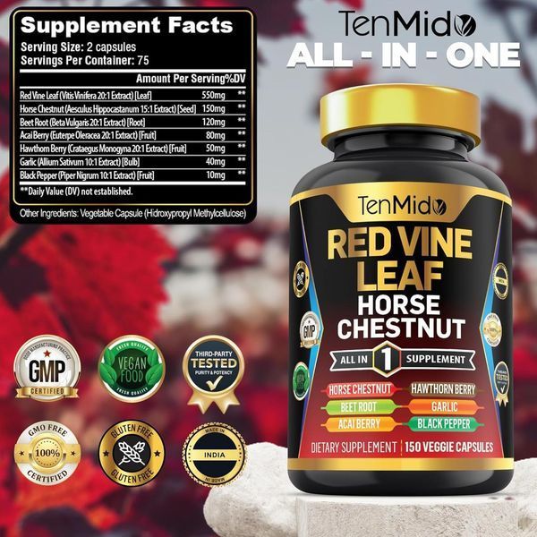 Добавка преміум-класу з екстрактом листя червоного винограду Tenmido Red Vine Leaf Horse Chestnut 150 капсул 4384307487 фото